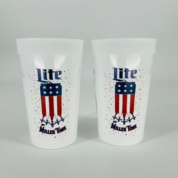 TWO Reusable White Miller Lite Miller Time American Flag Plastic 22 oz Cups NWT - Picture 3 of 10
